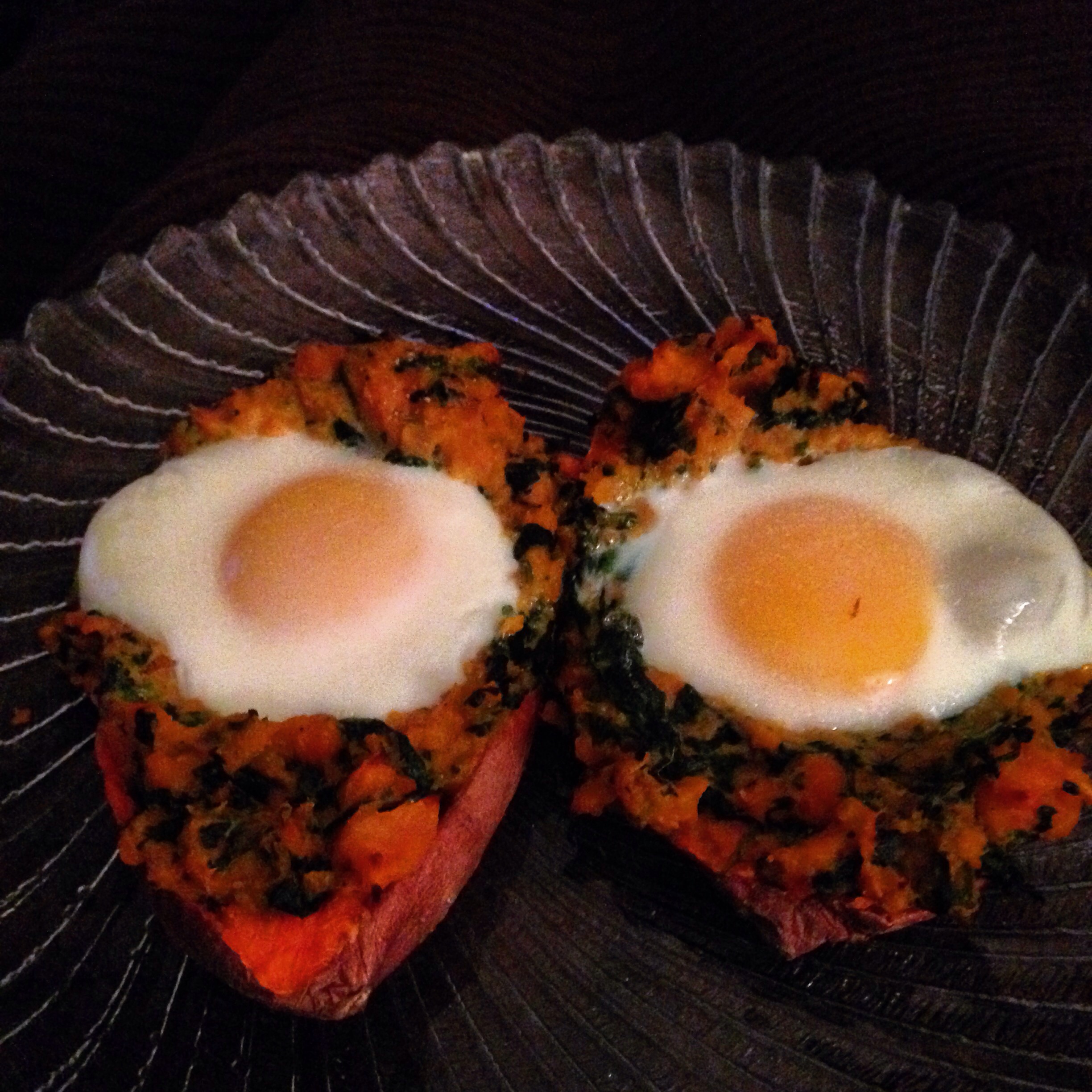 Twice-baked spinach-stuffed sweet potatoes with eggs
