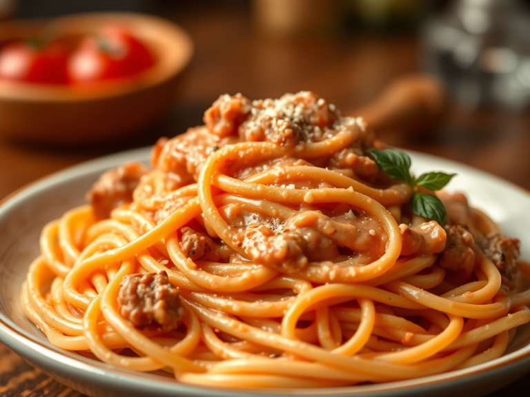 Spaghetti with Meaty, Creamy Vodka Sauce